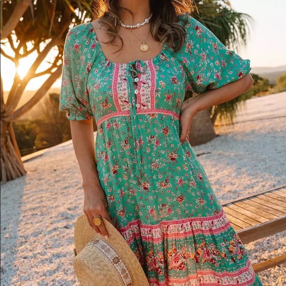 Dresses & Skirts - SOLD OUT Turquoise Floral Short Sleeve Off Shoulder Dress